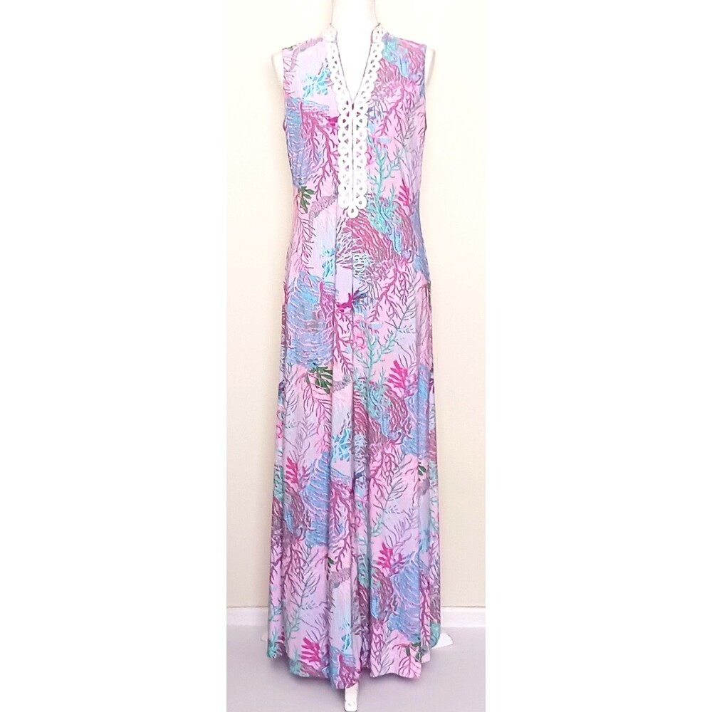 Pappagallo Maxi Dress Tropical Pink/Turquoise Print White Trim Sleeveless Sz 6
